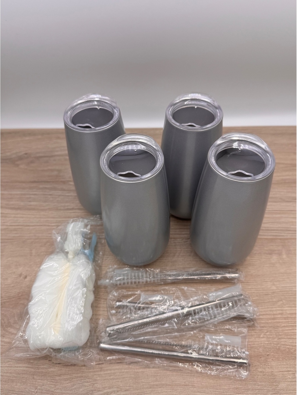 4 Pack Stemless Double Insulated Champagne Flute Tumbler with Lid 5 Oz Silver